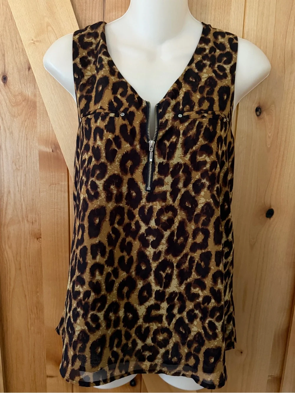 Active USA Leopard Print Zip Front Sleeveless Blouse Top Y2K Safari Glam M